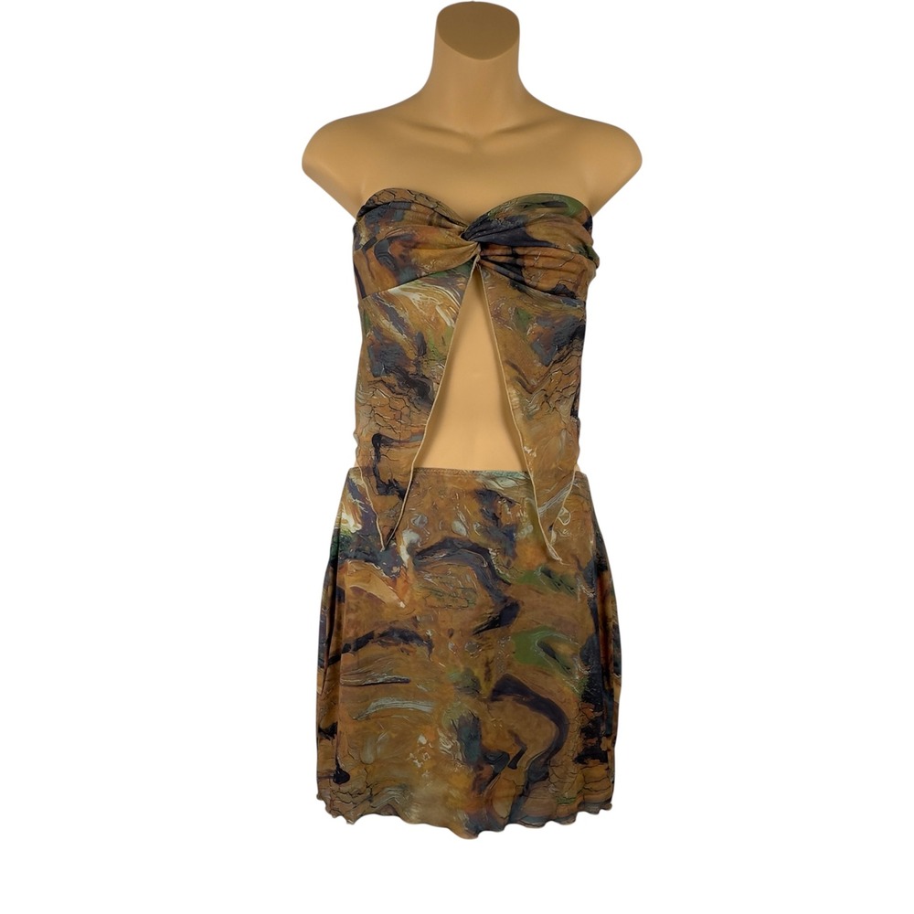 Y2K Style Abstract Mesh 2-Piece Set•Strapless Twist Tube Top & Mini Skirt Indie